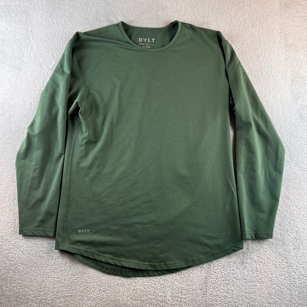 BYLT Drop Cut Long Sleeve Shirt Mens Large Olive Green BYLT Blend Crew Neck
